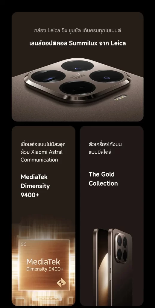 อินโฟกราฟิกเลนส์ Summilux ซูม 5x พร้อมชิป MediaTek Dimensity 9400+ และธีม The Gold Collection