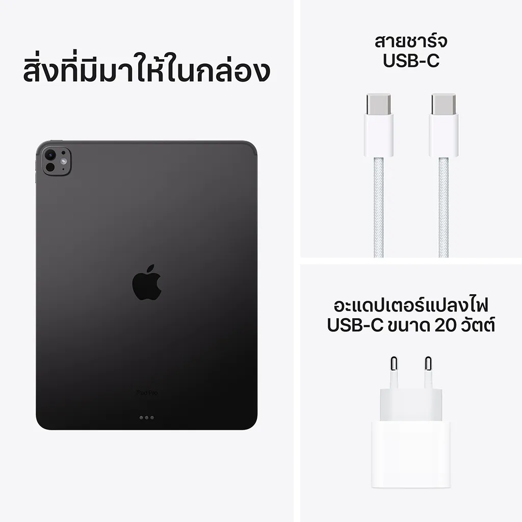 ของที่ให้มาในกล่อง มีสาย USB-C กับอะแดปเตอร์ 20 วัตต์ และตัวเครื่องด้านหลัง