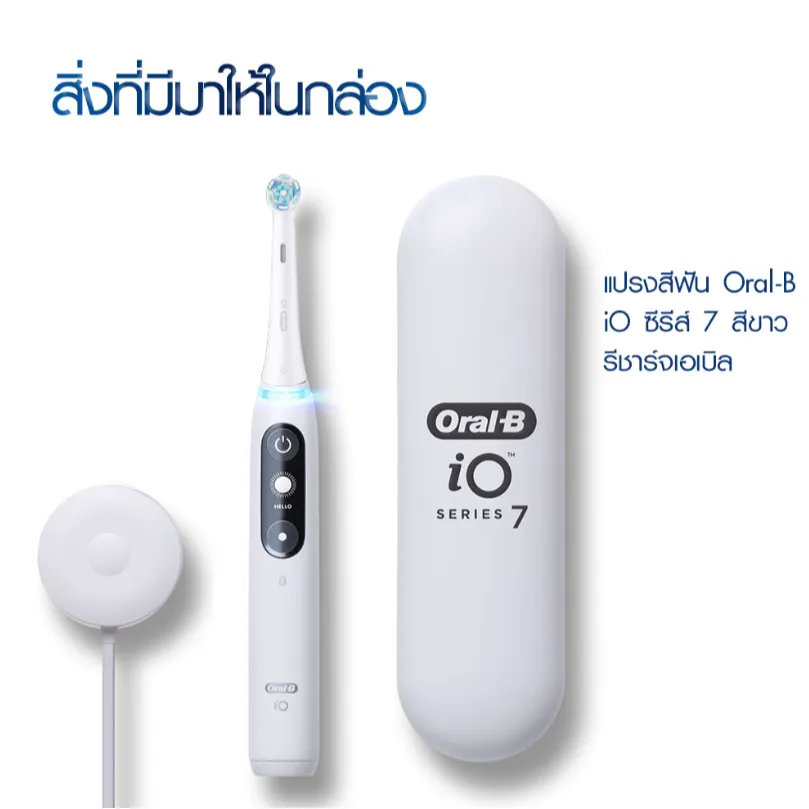 ชุดอุปกรณ์สีขาวประกอบด้วยตัวเครื่อง เคสแข็ง และฐานวางทรงกลม