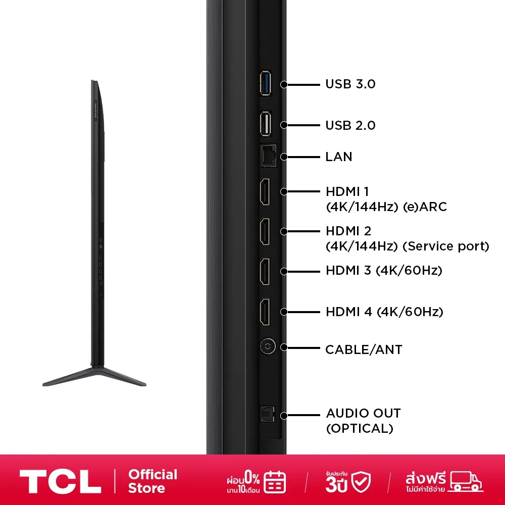 พอร์ตครบด้านข้าง USB 2/3 LAN HDMI 4 ช่อง eARC รองรับ 4K 144Hz และช่องออปติคอล