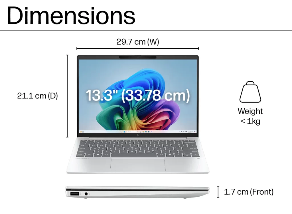 HP OmniBook 7 Aero ขนาดกว้าง 29.7 ซม. ลึก 21.1 ซม. หนา 1.7 ซม. น้ำหนักไม่ถึง 1 กก.