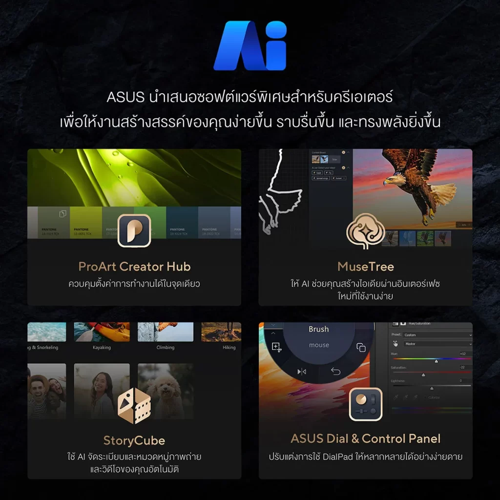 เครื่องมือ AI ของ ASUS ProArt P16 H7606WX เช่น Creator Hub, MuseTree, StoryCube และ Dial & Control Panel