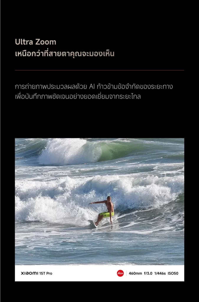 ตัวอย่าง Ultra Zoom จาก Xiaomi 15T Pro เก็บนักโต้คลื่นท่ามกลางคลื่นใหญ่ด้วยเลนส์ 460mm คมชัดจากไกล