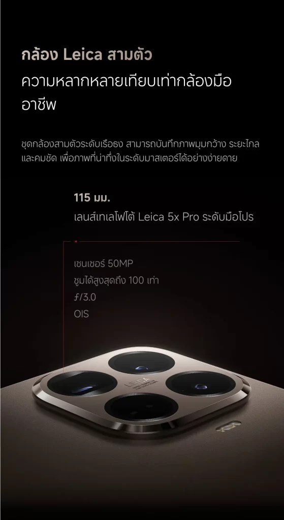 ระบบกล้อง Leica สามตัว เซนเซอร์ 50MP ซูมสูงสุด 100 เท่า f/3.0 พร้อม OIS บนโมดูลสี่วงแหวน