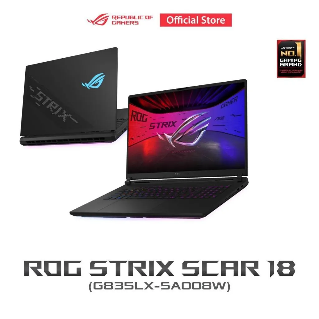 ภาพฮีโร่ ASUS ROG Strix Scar 18 G835LX โชว์มุมหน้าและฝาหลัง โลโก้เรืองแสงและคีย์บอร์ด RGB