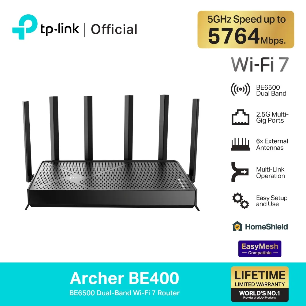 เราเตอร์ TP-Link Archer BE400 พร้อมเสา 6 ต้น รองรับ Wi-Fi 7 5GHz สูงสุด 5764 Mbps มี EasyMesh และ HomeShield