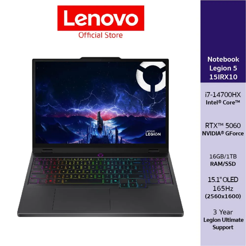 โน๊ตบุ๊ค Lenovo Legion 5 RTX 5060 มุมตรง มีกราฟิกสเปก i7-14700HX 16GB/1TB จอ 15.1 นิ้ว OLED 165Hz