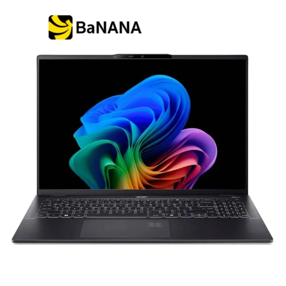 มุมตรงของ โน๊ตบุ๊ค Acer Swift 16 AI จอสีสันสด ขอบจอบาง ตัวเครื่องสีดำ โลโก้ร้าน BaNANA มุมบนซ้าย