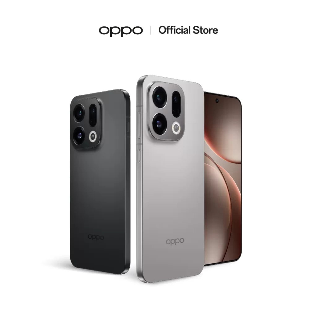 OPPO Find X9 16GB 512GB สีดำและสีเงิน วางเอียงโชว์ดีไซน์แบนขอบเหลี่ยม โลโก้ Official Store ด้านบน