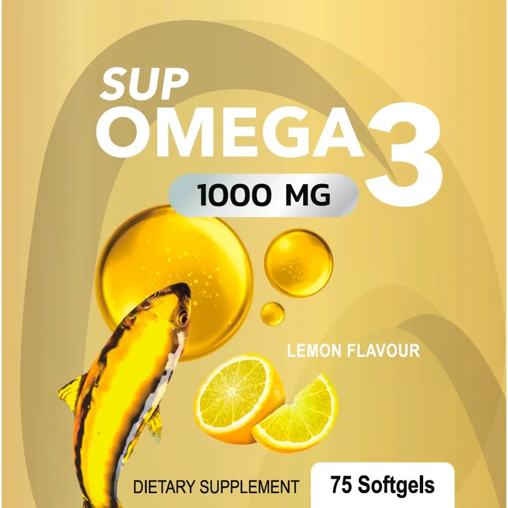 ฉลาก น้ำมันปลา Fitwhey Omega 3 ระบุ 1000 mg รสเลมอน พร้อมหยดน้ำมันและชิ้นเลมอน