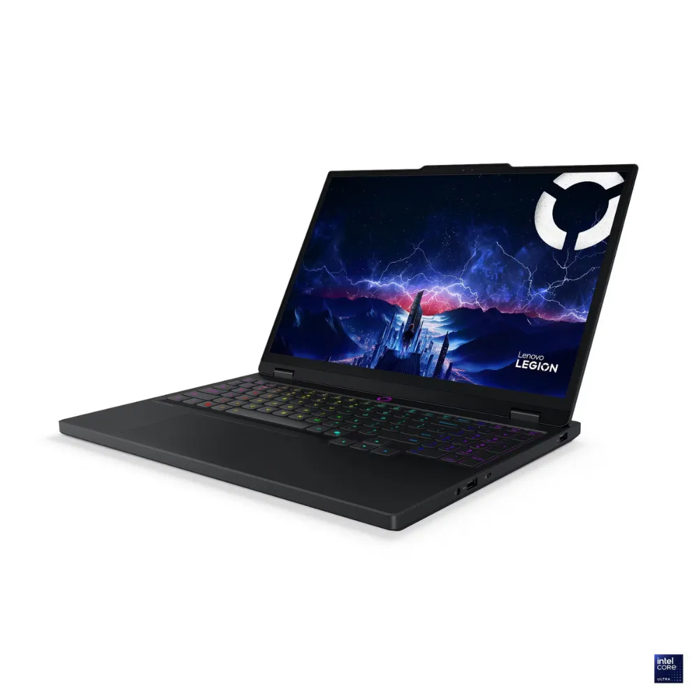 โน๊ตบุ๊ค Lenovo Legion 5 RTX 5060 มุมเฉียงซ้าย โชว์คีย์บอร์ด RGB และขอบจอบาง