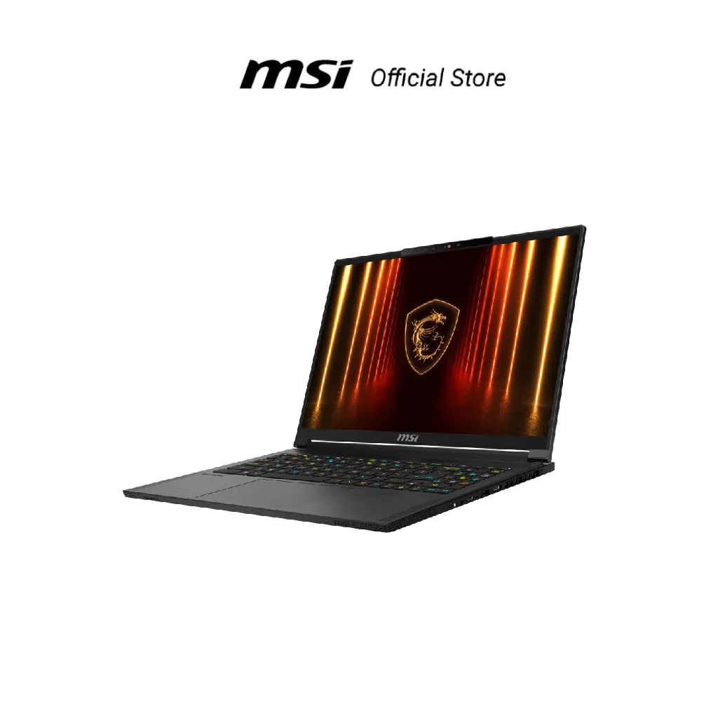 โน้ตบุ๊ก MSI Stealth A16 RTX 5070 Ti มุมเอียงซ้าย ตัวเครื่องบาง คีย์บอร์ดไฟ RGB