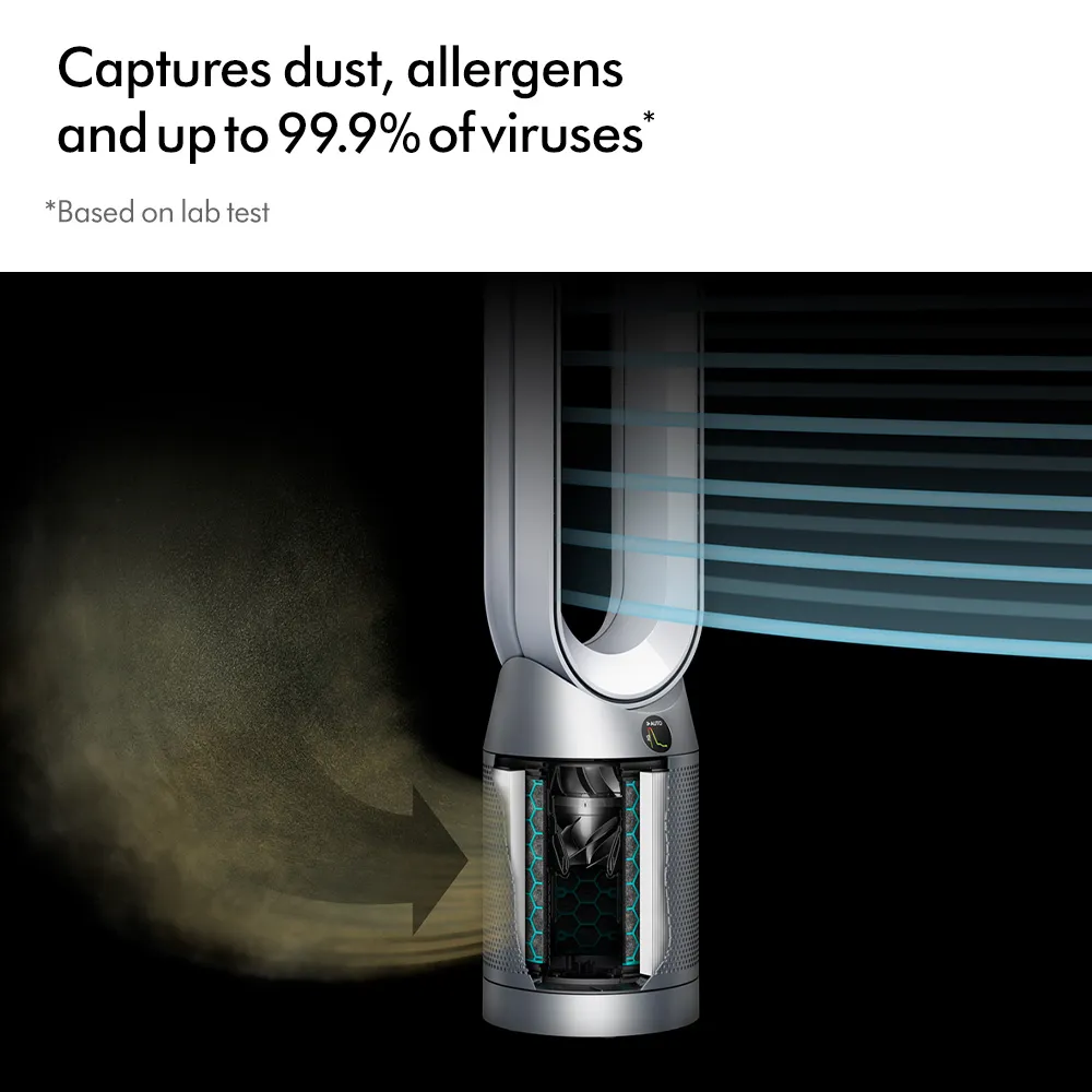 ตัดให้เห็นชั้นกรองและทิศทางลมของ เครื่องฟอกอากาศ Dyson Purifier Cool TP07 ดักฝุ่นและเชื้อโรค