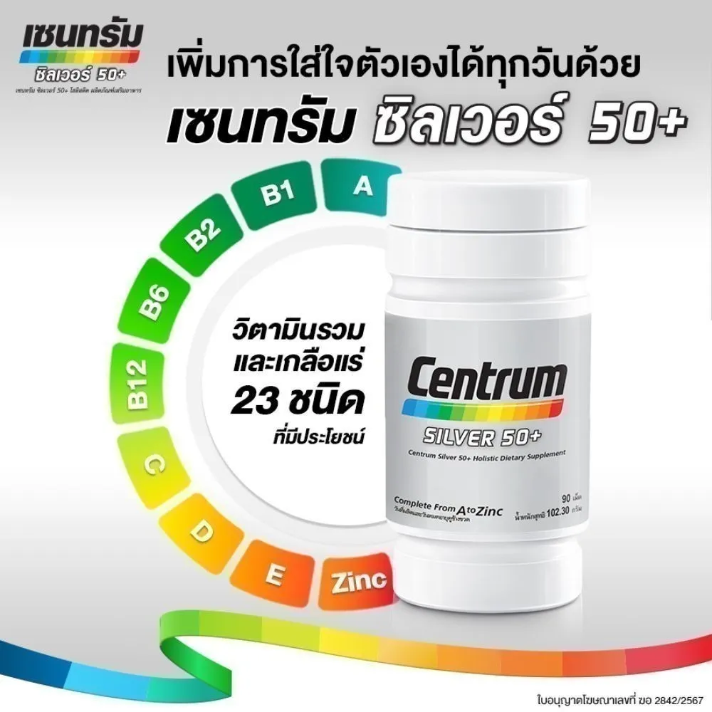 Centrum Silver 50+ วิตามินรวมผู้สูงอายุ ไฮไลต์ 23 ชนิด พร้อมกราฟโค้งตัวอักษรรอบขวดสีขาว