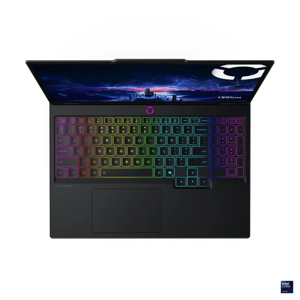 มุมมองด้านบน คีย์บอร์ดไฟ RGB มีปุ่มตัวเลข และทัชแพดกว้างด้านล่าง