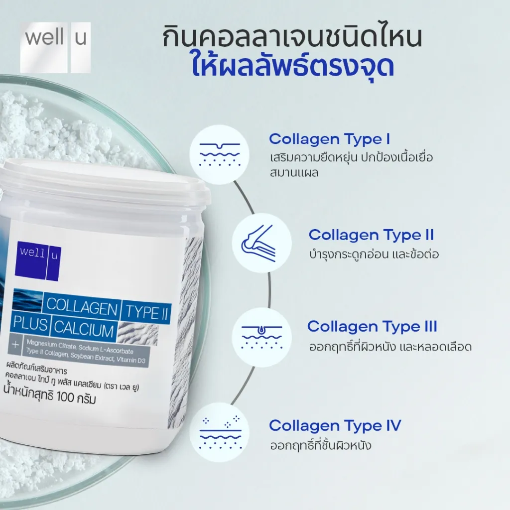 อินโฟกราฟิกชนิดต่าง ๆ ของ well u collagen type ii plus calcium อธิบายผลลัพธ์แต่ละชนิด