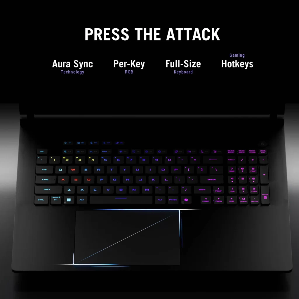 คีย์บอร์ดโน้ตบุ๊กเกมมิ่งไฟ Per-Key RGB เต็มขนาด รองรับ Aura Sync และปุ่มลัดสำหรับเล่นเกม