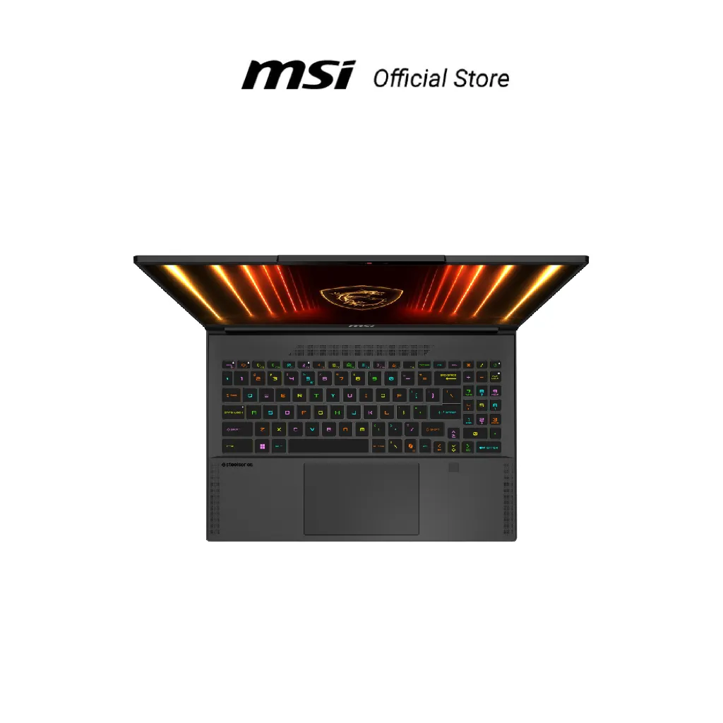 มุมมองด้านบน เห็นคีย์บอร์ดไฟ RGB และทัชแพดกว้าง ขอบจอบาง