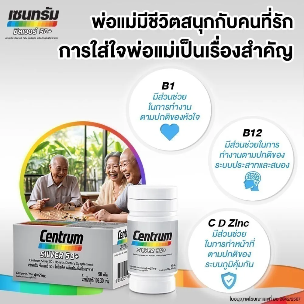 ผู้ใหญ่สามคนนั่งหัวเราะรอบโต๊ะ วงกลมข้อมูลระบุ B1 B12 และ C D Zinc ใต้ภาพมีขวดกับกล่อง