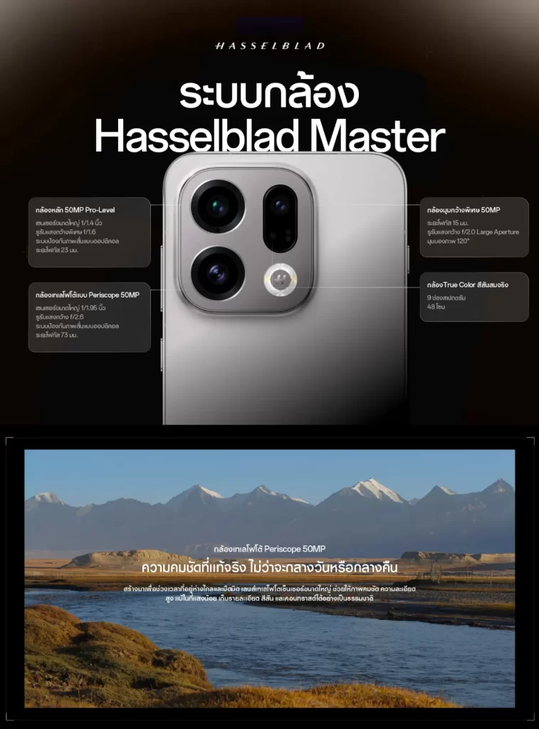 ระบบกล้องร่วมพัฒนา Hasselblad ระบุเลนส์หลัก 50MP อัลตร้ากว้าง 50MP และเทเลโฟโต 50MP พร้อมตัวอย่างทิวทัศน์