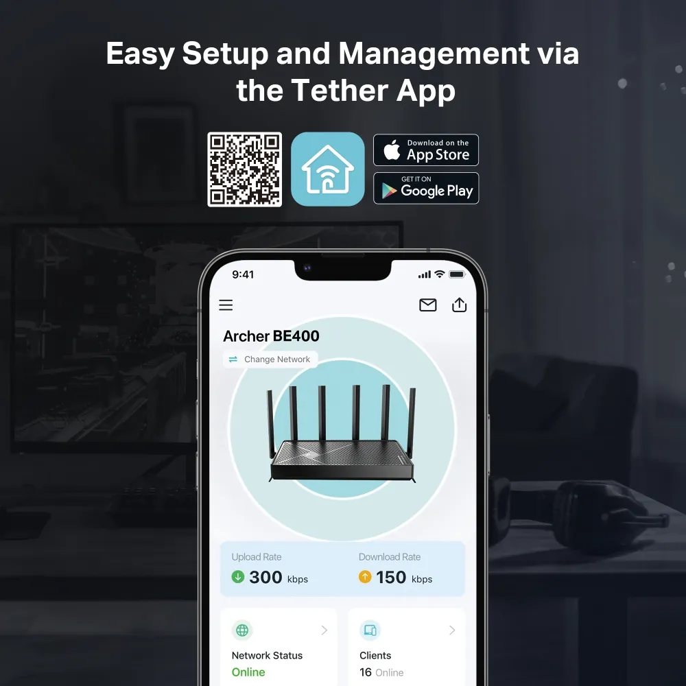 เราเตอร์ TP-Link Archer BE400 จัดการผ่านแอป Tether บน iOS และ Android แสดงสถานะเครือข่ายและรายชื่ออุปกรณ์