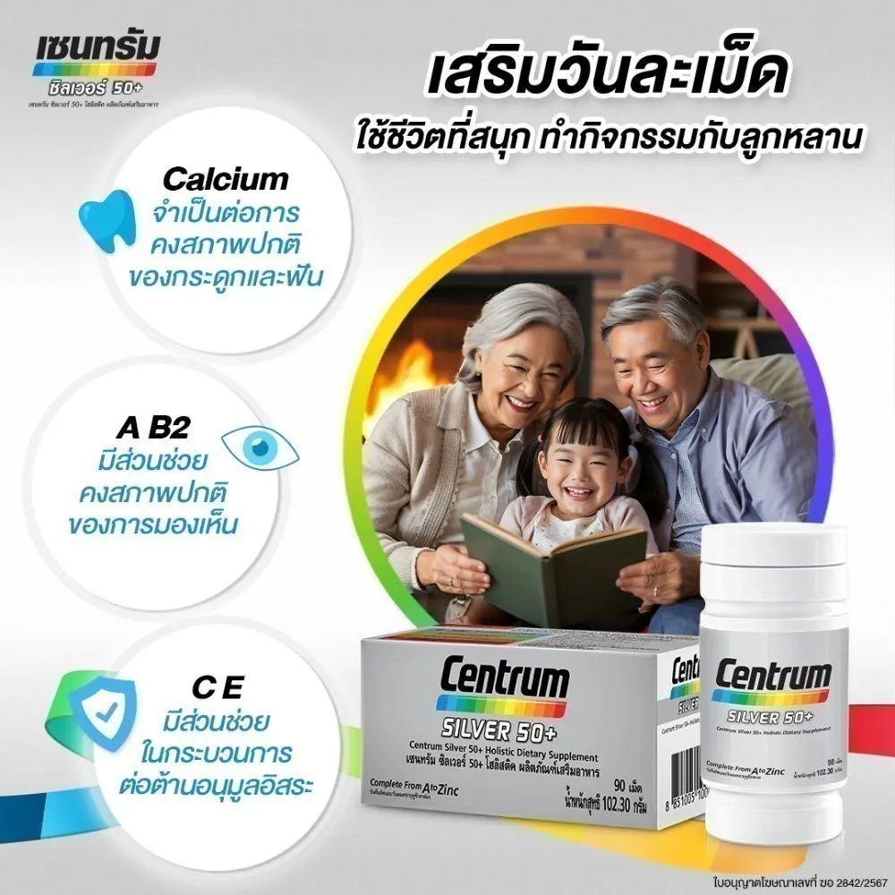 Centrum Silver 50+ วิตามินรวมผู้สูงอายุ ข้อความเสริมวันละเม็ด คู่ภาพครอบครัวอ่านหนังสือกับหลาน