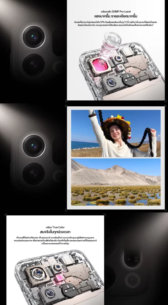 ตัด exploded view โมดูลกล้อง เซ็นเซอร์ใหญ่ และโทนสีผิวเป็นธรรมชาติ True Color พร้อมตัวอย่างคนและภูมิทัศน์