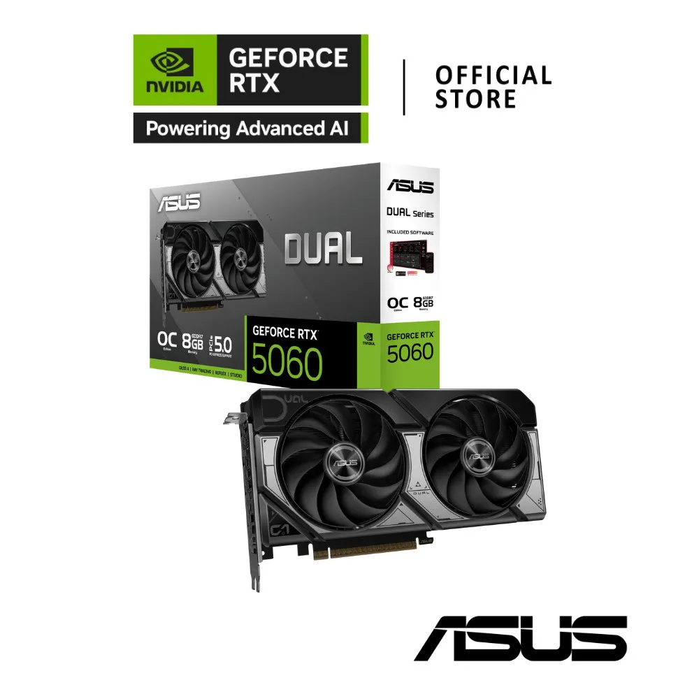 การ์ดจอ ASUS Dual GeForce RTX 5060 พร้อมกล่องแสดงโลโก้และป้ายทางการจากร้าน official