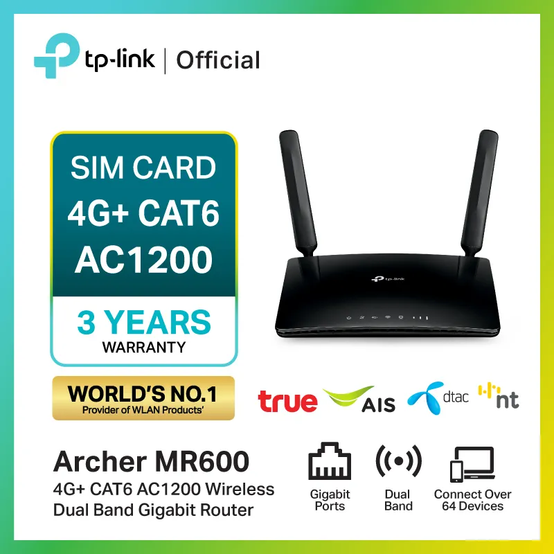 เราเตอร์ใส่ซิม TP-Link MR600 รองรับ 4G+ CAT6 AC1200 ตัวเครื่องสีดำเสาสัญญาณคู่พร้อมระบุประกัน 3 ปี