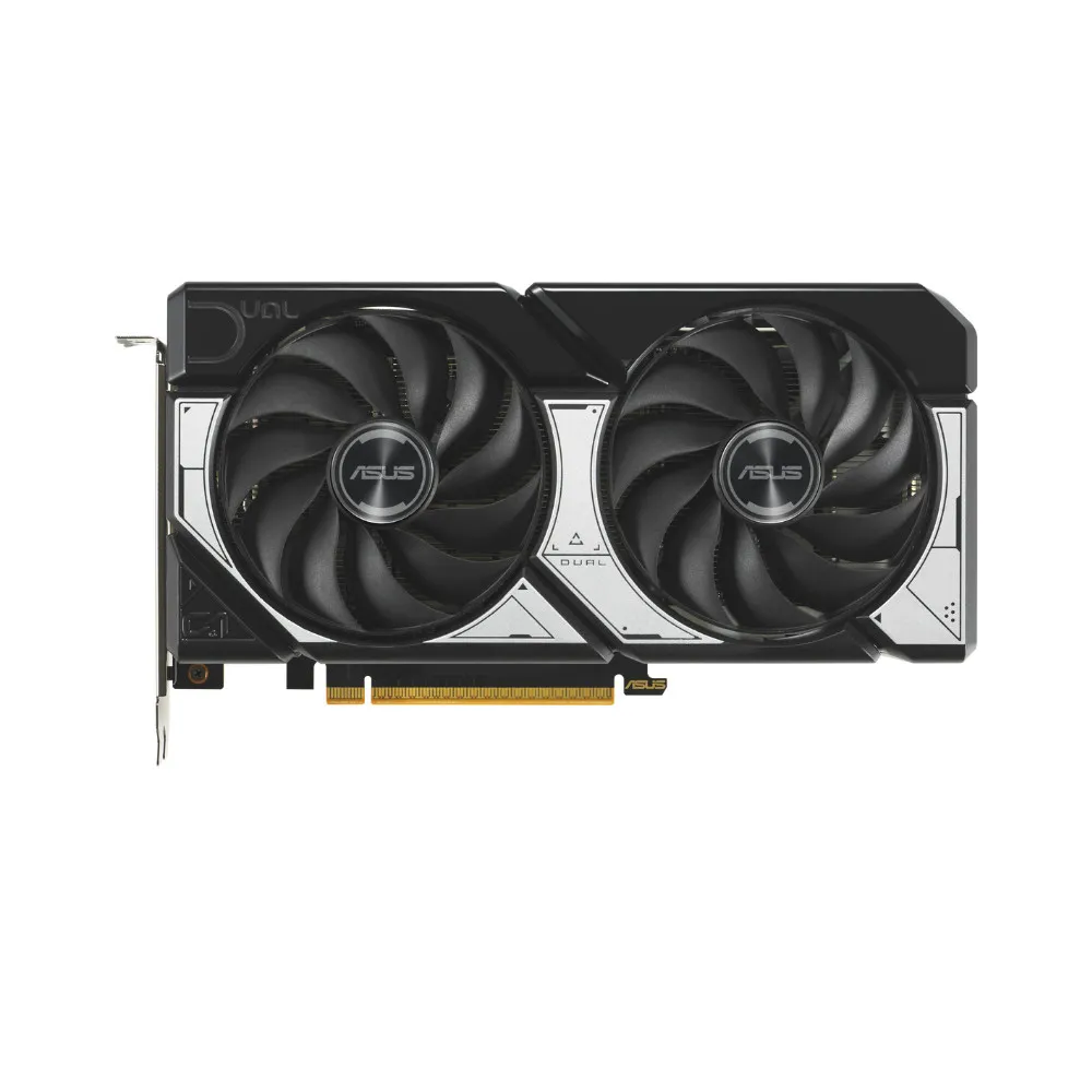 การ์ดจอ ASUS Dual GeForce RTX 5060 มุมด้านหน้าพัดลมคู่ดีไซน์สีดำเงิน