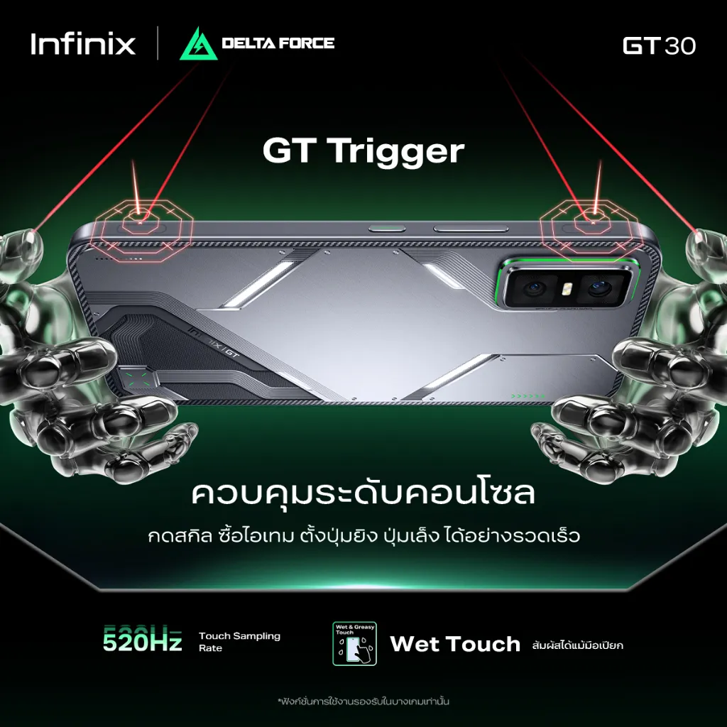 ทริกเกอร์ไหล่คู่บนตัวเครื่อง รองรับอัตราสุ่มสัมผัส 520Hz และโหมดสัมผัสขณะมือเปียก