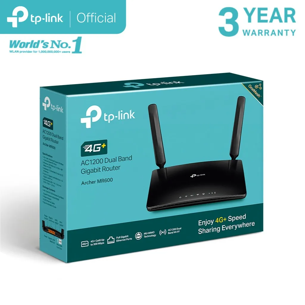 กล่องสินค้าและตัวเครื่อง เราเตอร์ใส่ซิม TP-Link MR600 แสดงโลโก้ 4G+ และระบุการรับประกันนาน 3 ปี