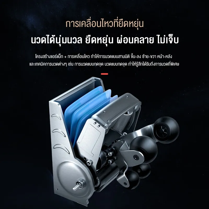 กลไกภายในของ เก้าอี้นวด XUTI XT131 แสดงลูกกลิ้งและแผ่นรองนวดสำหรับนวดสามมิติ