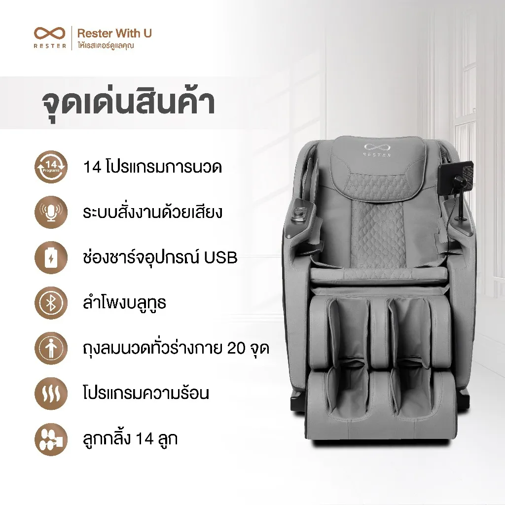 Rester เก้าอี้นวดไฟฟ้า Homies มองด้านหน้า พร้อมไอคอนจุดเด่นเช่นเสียงสั่งงานและถุงลมนวดรอบตัว