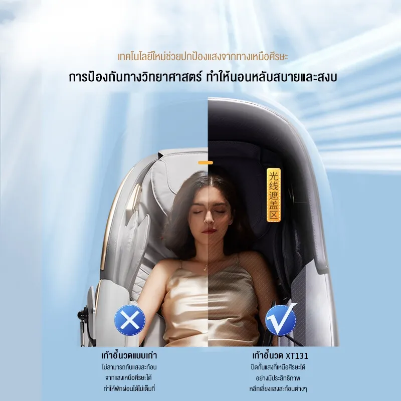 ผู้หญิงเอนตัวพักผ่อนบน เก้าอี้นวด XUTI XT131 ที่มีหมวกครอบช่วยกันแสงเหนือศีรษะให้หลับสบาย