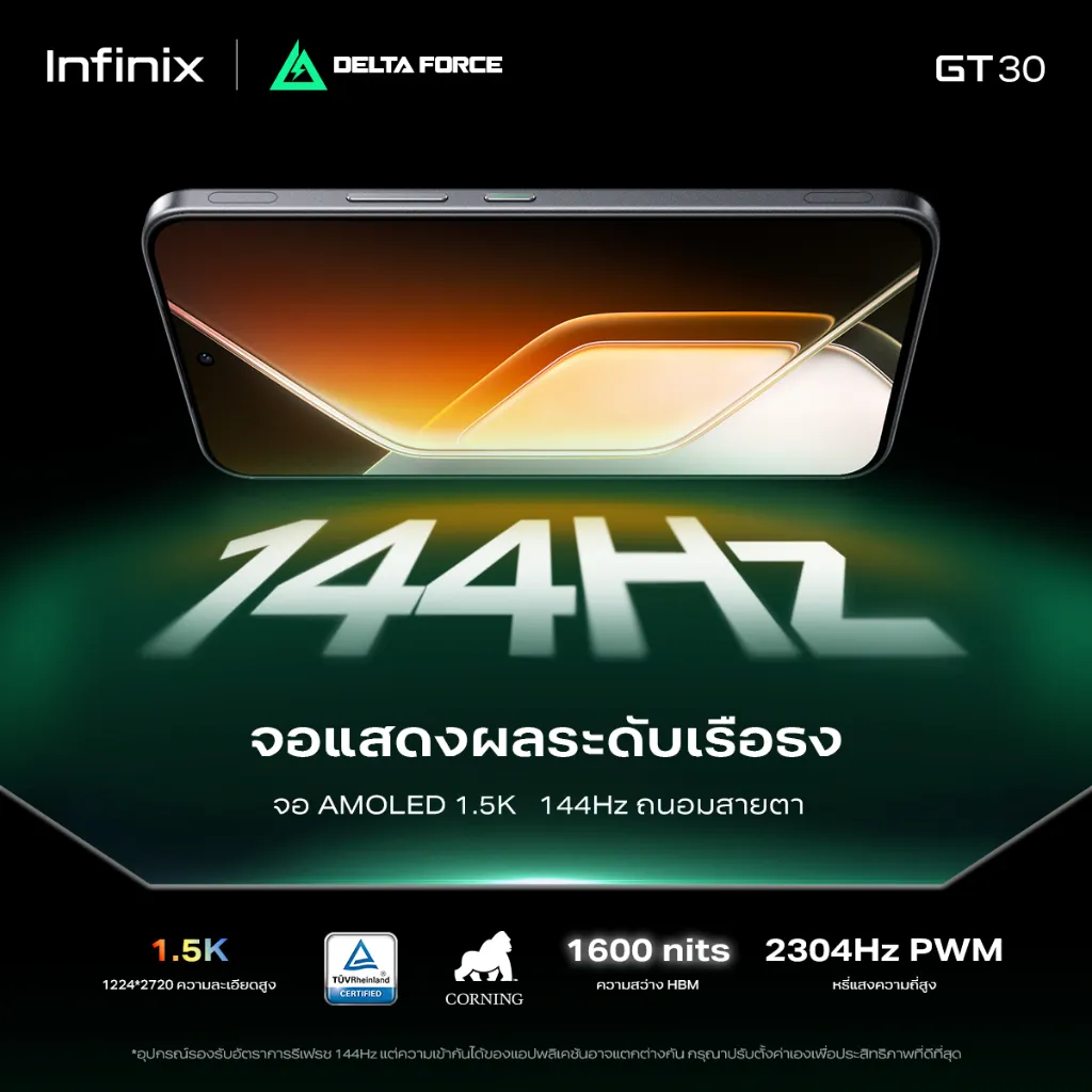 จอ AMOLED 1.5K ของ Infinix GT 30 5G รีเฟรชเรต 144Hz สว่างสูงสุด 1600 nits และ PWM 2304Hz