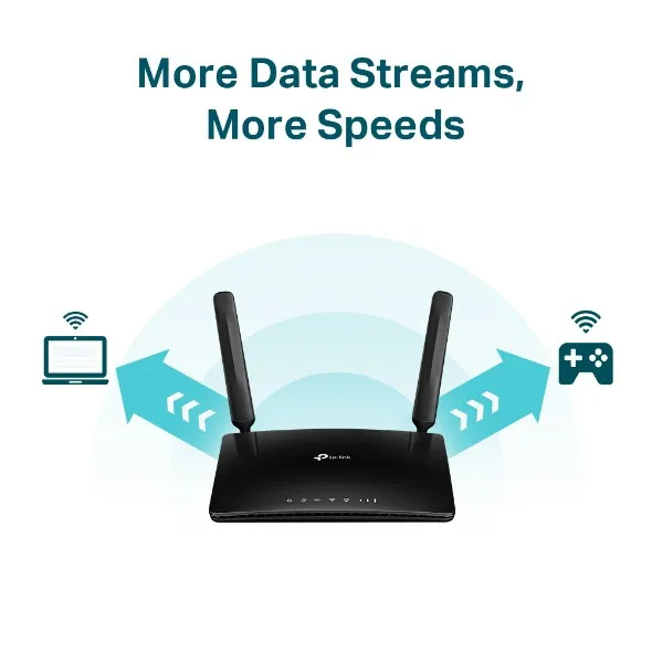 เราเตอร์ใส่ซิม TP-Link MR600 วางกลางเฟรมพร้อมลูกศรแสดงการเชื่อมต่อโน้ตบุ๊กและเครื่องเล่นเกมเพื่อใช้งานพร้อมกันหลายอุปกรณ์