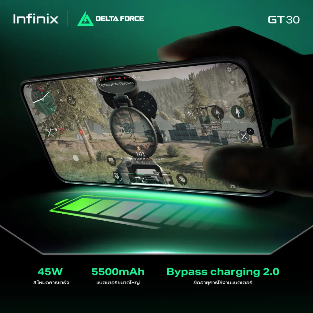แบตเตอรี่ 5500mAh ของ Infinix GT 30 5G รองรับชาร์จไว 45W และ Bypass Charging 2.0 สำหรับเล่นเกม
