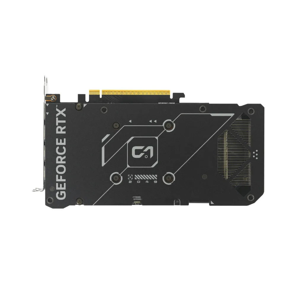 การ์ดจอ ASUS Dual GeForce RTX 5060 ด้านหลังโชว์แบ็กเพลตโลหะและช่องระบายความร้อน