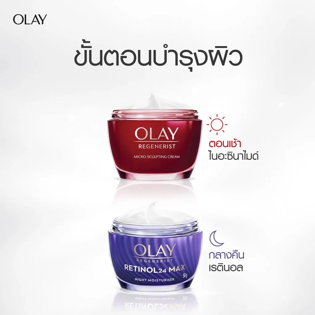 รูทีนบำรุงสองช่วงเวลา กระปุกแดงสำหรับเช้า กระปุกม่วงสำหรับกลางคืน Olay Retinol 24 Max Night Cream