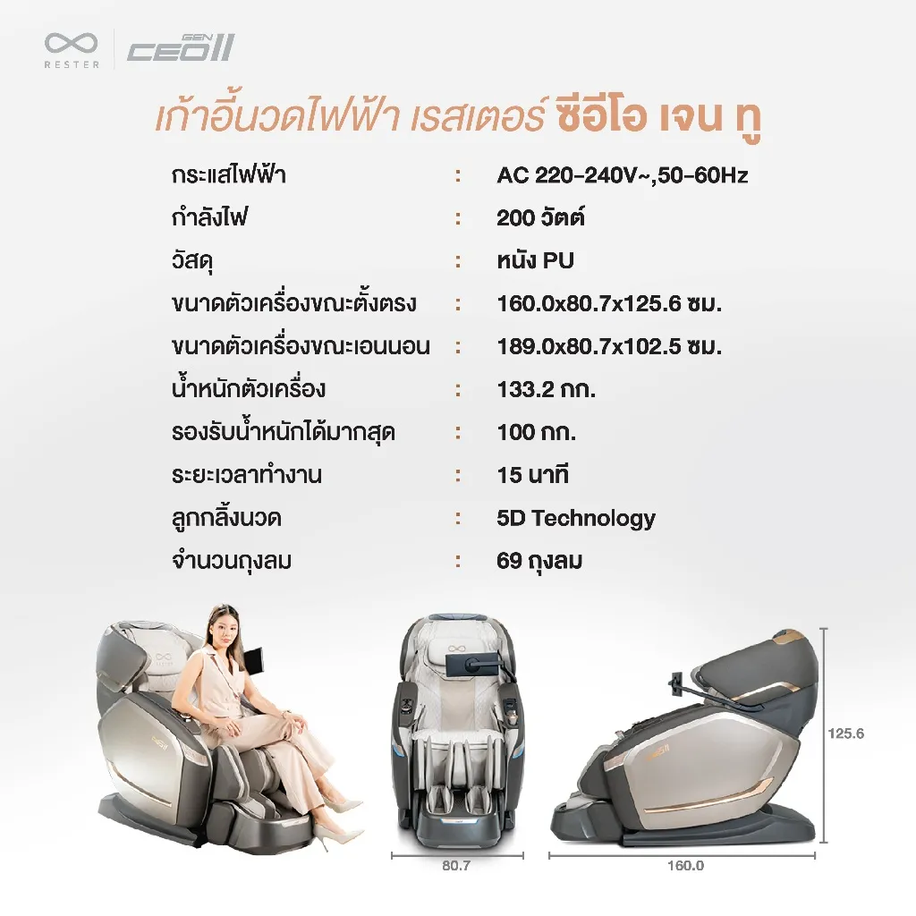 ตารางสเปกและขนาดของ เก้าอี้นวดไฟฟ้า Rester CEO Gen 2 มีภาพด้านหน้า ด้านข้าง และเอนนอนประกอบ