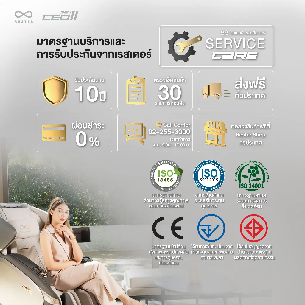 อินโฟกราฟิกมาตรฐานบริการ ส่งฟรีทั่วประเทศ ผ่อนชำระ 0% ช่องทางติดต่อ และตรารับรอง ISO กับ CE