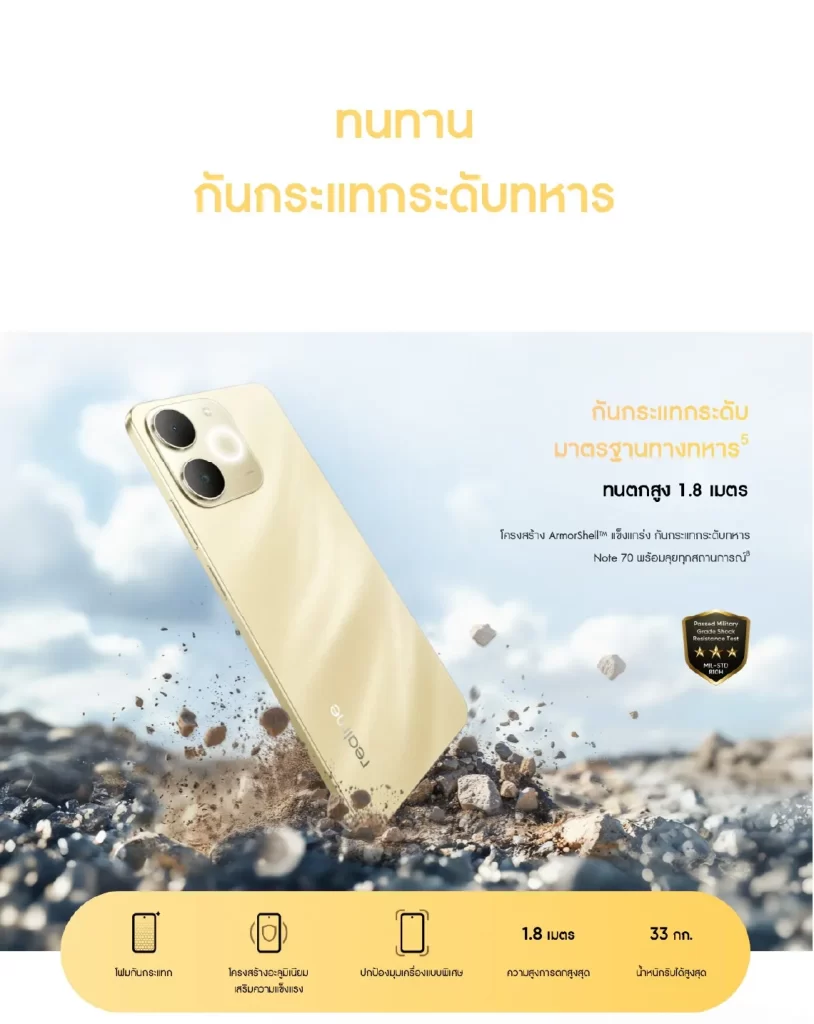 มือถือสีทองกำลังกระแทกพื้นกรวดพร้อมฝุ่นแตกกระจายแสดงความทนทานมาตรฐานกันกระแทกระดับทหาร