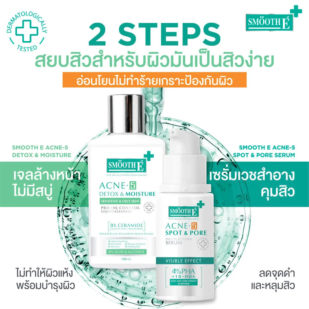 เซตดูแลผิวสองขั้นตอนประกอบด้วยเจลล้างหน้าและ เซรั่มลดสิว Smooth E Acne 5 สำหรับผิวมันเป็นสิวง่ายไม่ทำให้ผิวแห้งตึง