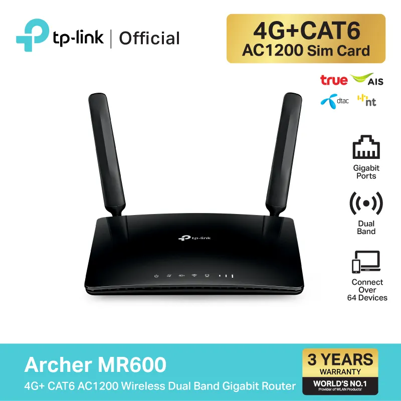 เราเตอร์ใส่ซิม TP-Link MR600 วางด้านล่างพร้อมกรอบสีทองด้านข้างที่มีข้อความ 4G+ CAT6 AC1200 และโลโก้ผู้ให้บริการเครือข่ายหลัก