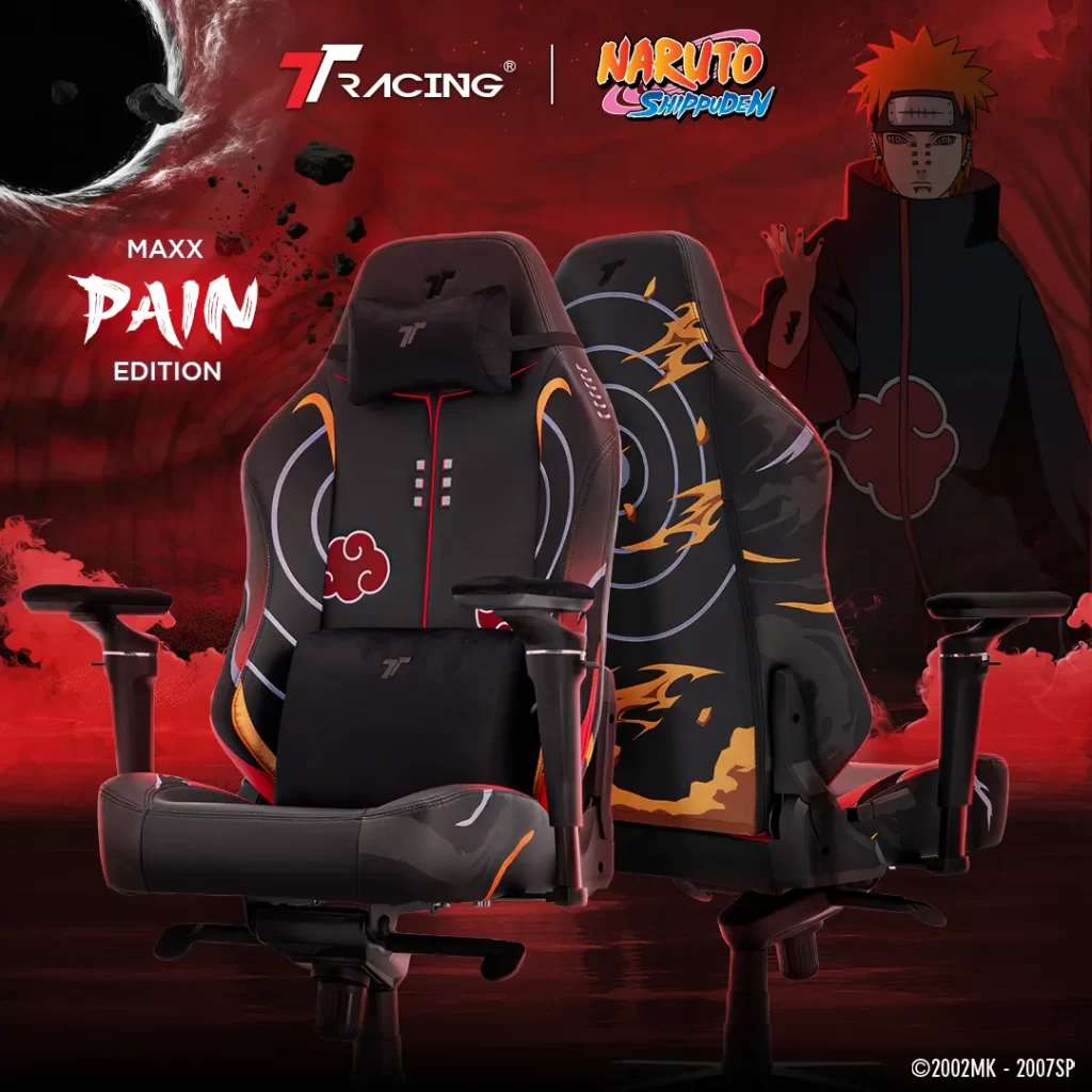 เก้าอี้เกมมิ่ง TTRacing Maxx Pain Akatsuki รุ่นลายอาคัตสึกิ โชว์มุมหน้าและด้านหลัง โทนดำแดง