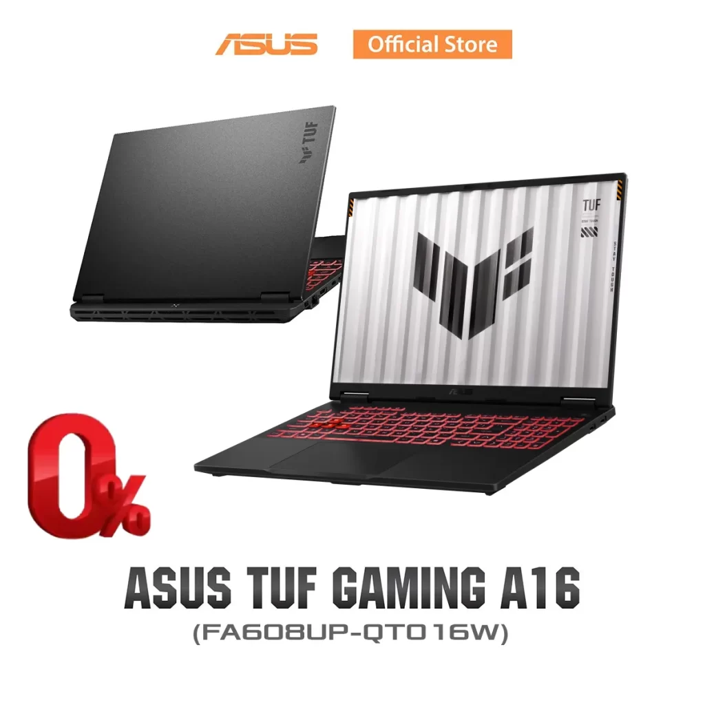 ASUS TUF Gaming A16 FA608UP QT016W มุมเฉียงโชว์ตัวเครื่องเปิดพร้อมคีย์บอร์ดไฟแดงและภาพฝาหลังประกอบ