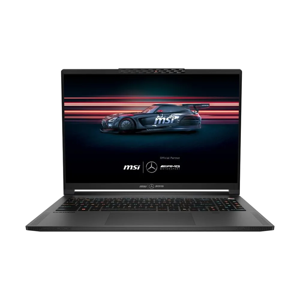โน้ตบุ๊ค MSI Stealth A16 MercedesAMG 029TH เปิดหน้าจอแสดงกราฟิกรถแข่ง เห็นคีย์บอร์ดและทัชแพดชัด
