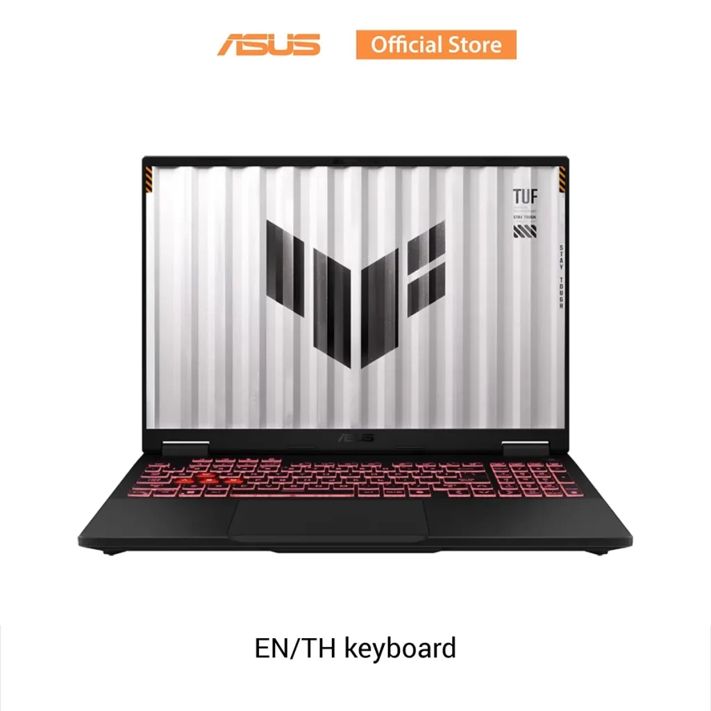 ASUS TUF Gaming A16 FA608UP QT016W มุมตรงด้านหน้าพร้อมคีย์บอร์ดไทยอังกฤษและแสงไฟสีแดง