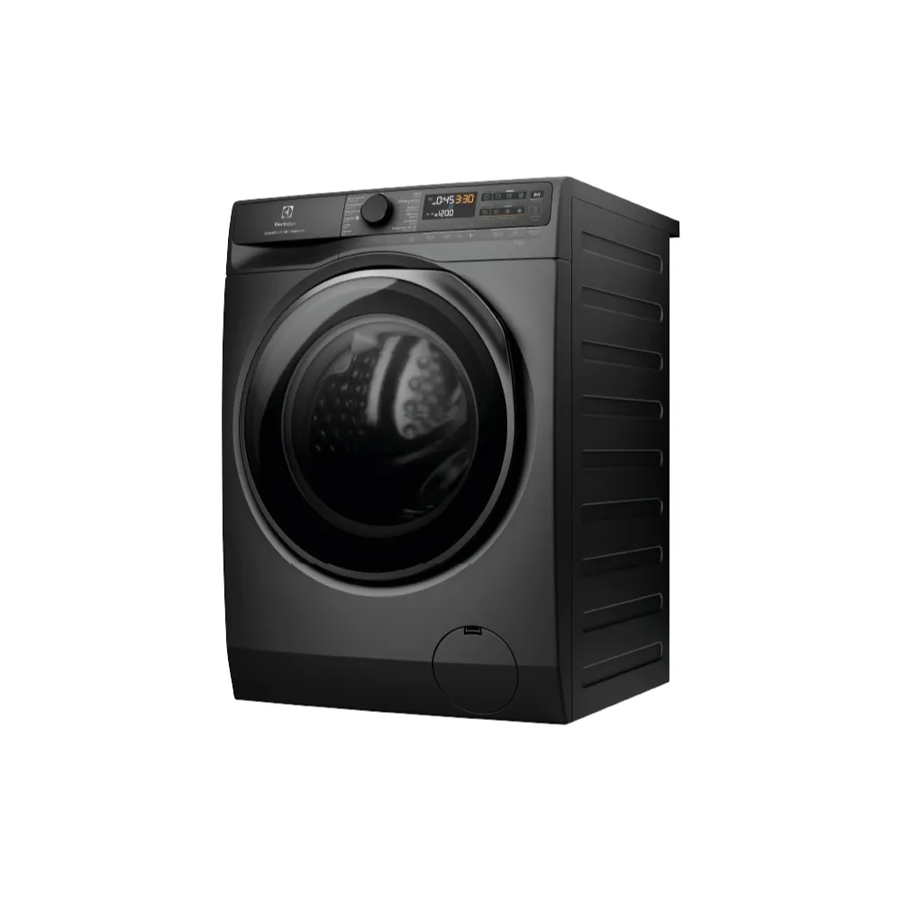 มุมเฉียงตัวเครื่องสีเทาเข้มของ เครื่องซักอบผ้า Electrolux EWW1343R7SC พร้อมแผงควบคุมด้านบนและฝาหน้ากระจก